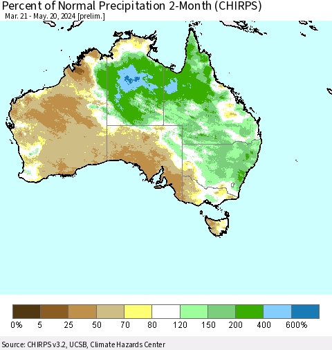 Australia Percent of Normal Precipitation 2-Month (CHIRPS) Thematic Map For 3/21/2024 - 5/20/2024
