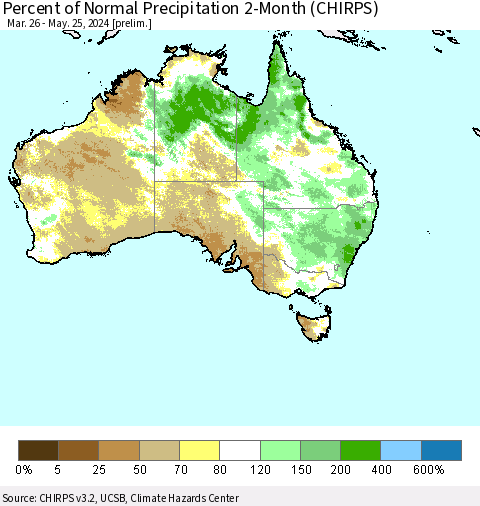 Australia Percent of Normal Precipitation 2-Month (CHIRPS) Thematic Map For 3/26/2024 - 5/25/2024
