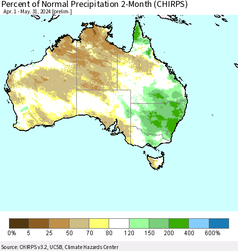 Australia Percent of Normal Precipitation 2-Month (CHIRPS) Thematic Map For 4/1/2024 - 5/31/2024