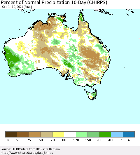 Australia Percent of Normal Precipitation 10-Day (CHIRPS) Thematic Map For 10/1/2021 - 10/10/2021