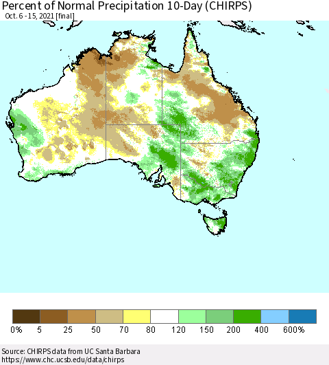 Australia Percent of Normal Precipitation 10-Day (CHIRPS) Thematic Map For 10/6/2021 - 10/15/2021