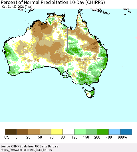 Australia Percent of Normal Precipitation 10-Day (CHIRPS) Thematic Map For 10/11/2021 - 10/20/2021