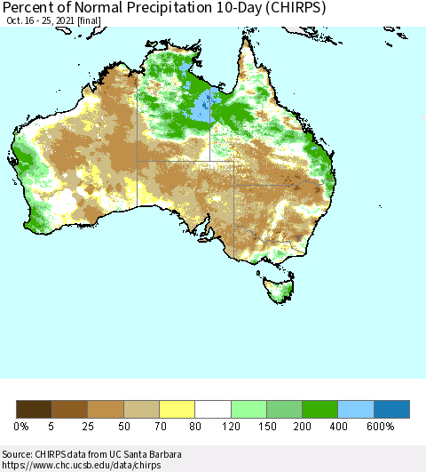 Australia Percent of Normal Precipitation 10-Day (CHIRPS) Thematic Map For 10/16/2021 - 10/25/2021