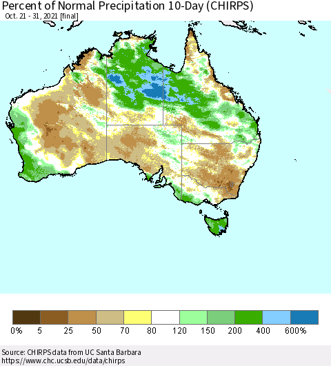 Australia Percent of Normal Precipitation 10-Day (CHIRPS) Thematic Map For 10/21/2021 - 10/31/2021
