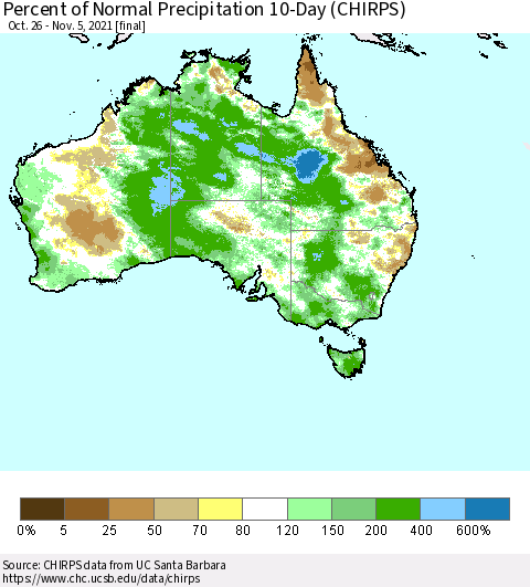Australia Percent of Normal Precipitation 10-Day (CHIRPS) Thematic Map For 10/26/2021 - 11/5/2021