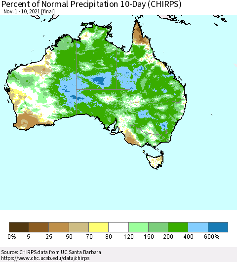 Australia Percent of Normal Precipitation 10-Day (CHIRPS) Thematic Map For 11/1/2021 - 11/10/2021