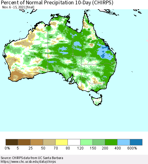 Australia Percent of Normal Precipitation 10-Day (CHIRPS) Thematic Map For 11/6/2021 - 11/15/2021