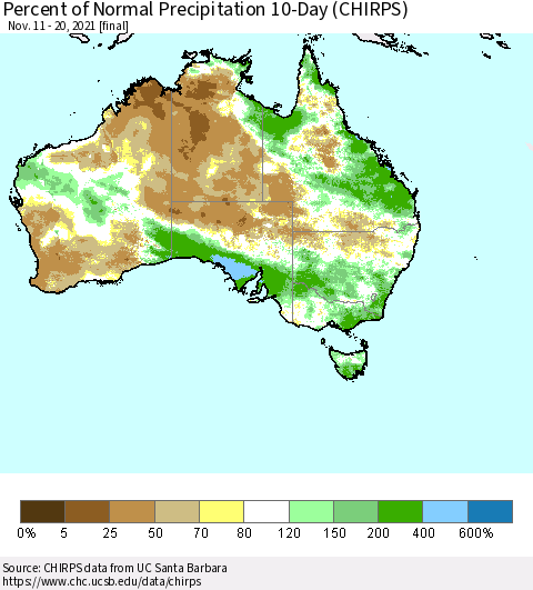 Australia Percent of Normal Precipitation 10-Day (CHIRPS) Thematic Map For 11/11/2021 - 11/20/2021