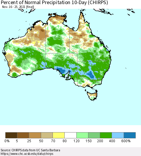 Australia Percent of Normal Precipitation 10-Day (CHIRPS) Thematic Map For 11/16/2021 - 11/25/2021