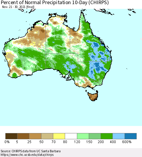 Australia Percent of Normal Precipitation 10-Day (CHIRPS) Thematic Map For 11/21/2021 - 11/30/2021