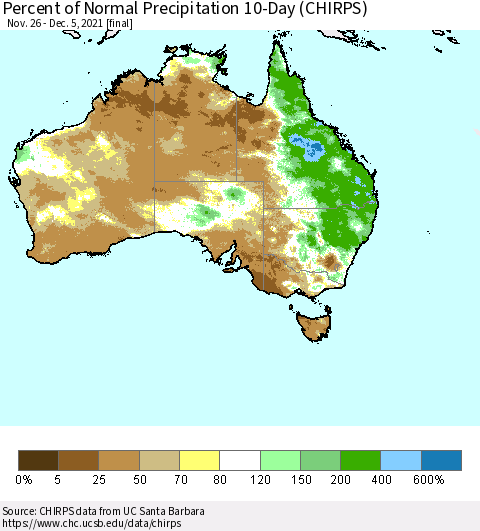 Australia Percent of Normal Precipitation 10-Day (CHIRPS) Thematic Map For 11/26/2021 - 12/5/2021