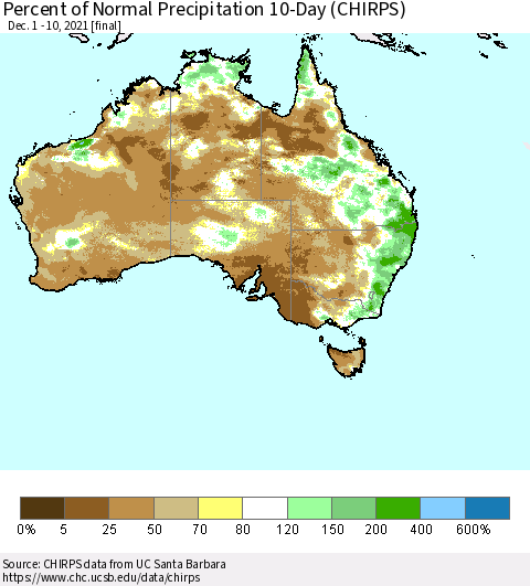 Australia Percent of Normal Precipitation 10-Day (CHIRPS) Thematic Map For 12/1/2021 - 12/10/2021
