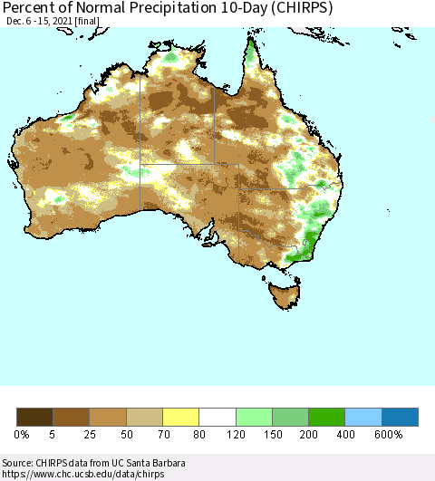 Australia Percent of Normal Precipitation 10-Day (CHIRPS) Thematic Map For 12/6/2021 - 12/15/2021