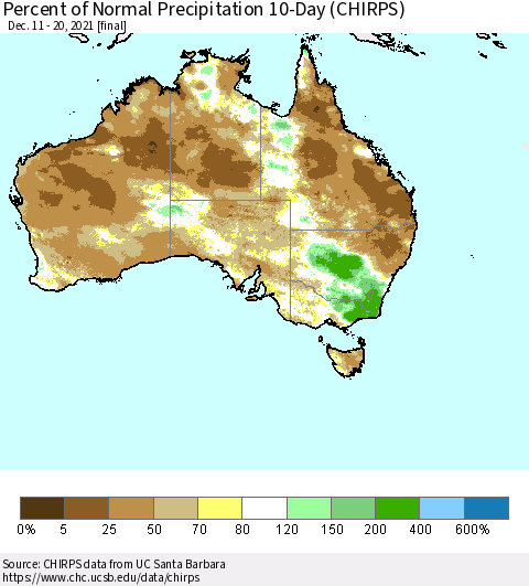 Australia Percent of Normal Precipitation 10-Day (CHIRPS) Thematic Map For 12/11/2021 - 12/20/2021