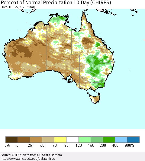Australia Percent of Normal Precipitation 10-Day (CHIRPS) Thematic Map For 12/16/2021 - 12/25/2021