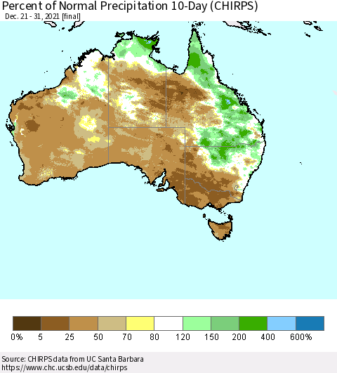 Australia Percent of Normal Precipitation 10-Day (CHIRPS) Thematic Map For 12/21/2021 - 12/31/2021
