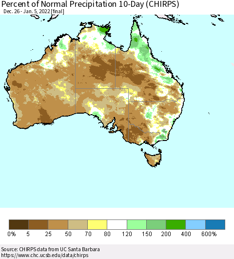 Australia Percent of Normal Precipitation 10-Day (CHIRPS) Thematic Map For 12/26/2021 - 1/5/2022