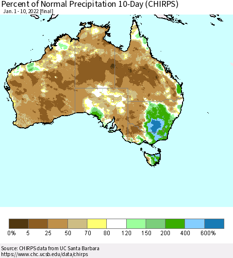 Australia Percent of Normal Precipitation 10-Day (CHIRPS) Thematic Map For 1/1/2022 - 1/10/2022