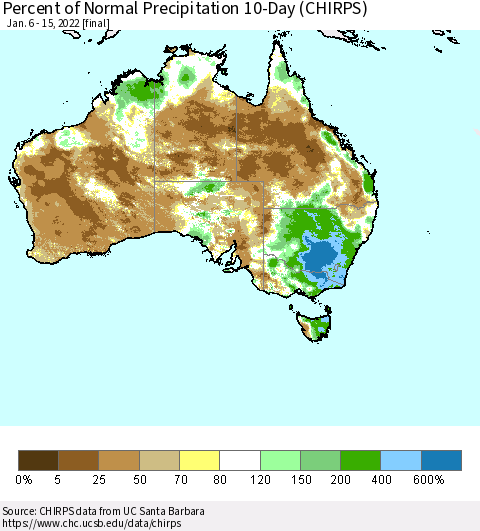 Australia Percent of Normal Precipitation 10-Day (CHIRPS) Thematic Map For 1/6/2022 - 1/15/2022