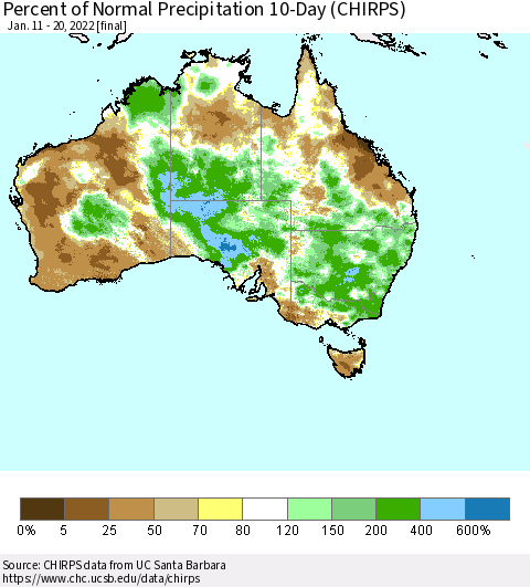 Australia Percent of Normal Precipitation 10-Day (CHIRPS) Thematic Map For 1/11/2022 - 1/20/2022