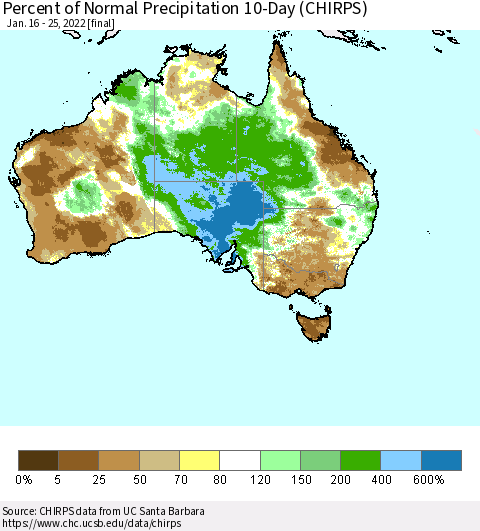Australia Percent of Normal Precipitation 10-Day (CHIRPS) Thematic Map For 1/16/2022 - 1/25/2022