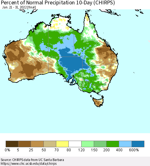 Australia Percent of Normal Precipitation 10-Day (CHIRPS) Thematic Map For 1/21/2022 - 1/31/2022