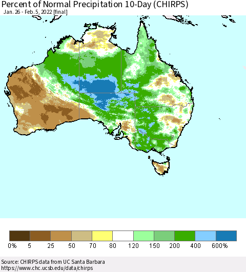 Australia Percent of Normal Precipitation 10-Day (CHIRPS) Thematic Map For 1/26/2022 - 2/5/2022