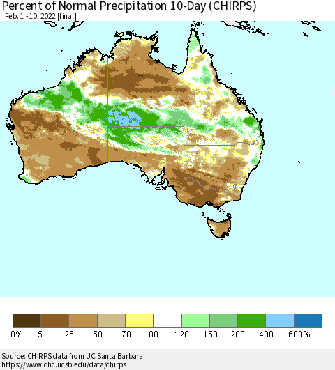 Australia Percent of Normal Precipitation 10-Day (CHIRPS) Thematic Map For 2/1/2022 - 2/10/2022