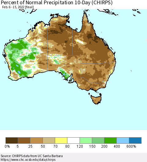 Australia Percent of Normal Precipitation 10-Day (CHIRPS) Thematic Map For 2/6/2022 - 2/15/2022