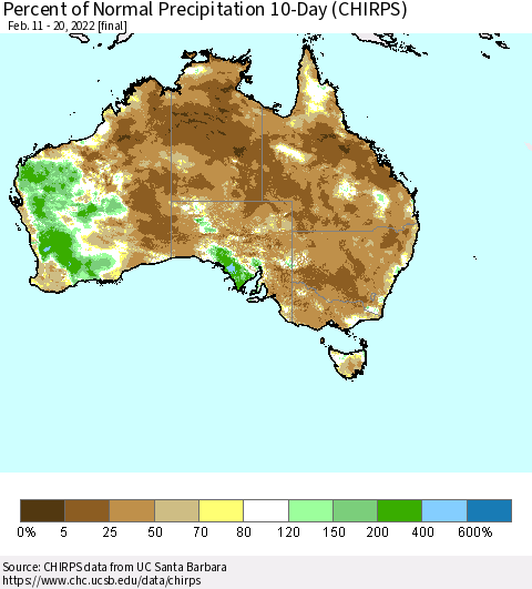 Australia Percent of Normal Precipitation 10-Day (CHIRPS) Thematic Map For 2/11/2022 - 2/20/2022