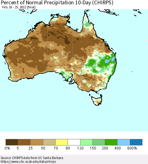 Australia Percent of Normal Precipitation 10-Day (CHIRPS) Thematic Map For 2/16/2022 - 2/25/2022