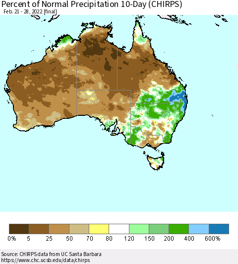 Australia Percent of Normal Precipitation 10-Day (CHIRPS) Thematic Map For 2/21/2022 - 2/28/2022