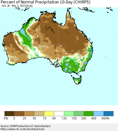 Australia Percent of Normal Precipitation 10-Day (CHIRPS) Thematic Map For 2/26/2022 - 3/5/2022