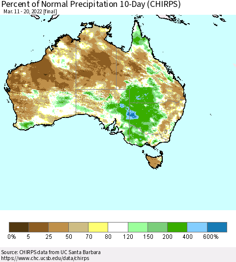 Australia Percent of Normal Precipitation 10-Day (CHIRPS) Thematic Map For 3/11/2022 - 3/20/2022