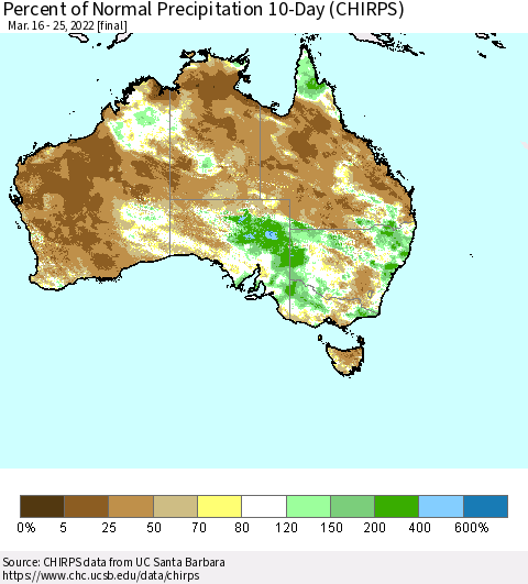 Australia Percent of Normal Precipitation 10-Day (CHIRPS) Thematic Map For 3/16/2022 - 3/25/2022