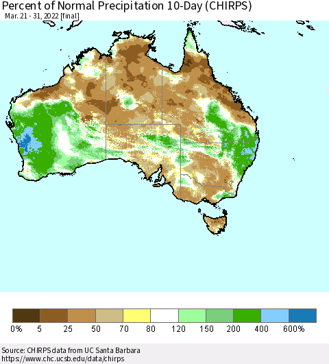 Australia Percent of Normal Precipitation 10-Day (CHIRPS) Thematic Map For 3/21/2022 - 3/31/2022