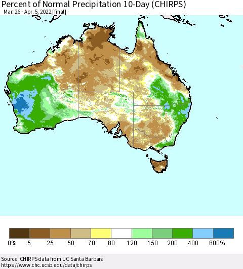 Australia Percent of Normal Precipitation 10-Day (CHIRPS) Thematic Map For 3/26/2022 - 4/5/2022