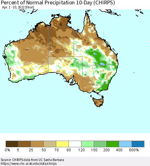 Australia Percent of Normal Precipitation 10-Day (CHIRPS) Thematic Map For 4/1/2022 - 4/10/2022
