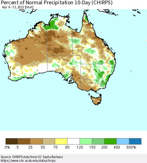 Australia Percent of Normal Precipitation 10-Day (CHIRPS) Thematic Map For 4/6/2022 - 4/15/2022