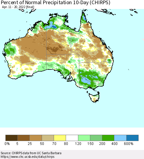 Australia Percent of Normal Precipitation 10-Day (CHIRPS) Thematic Map For 4/11/2022 - 4/20/2022