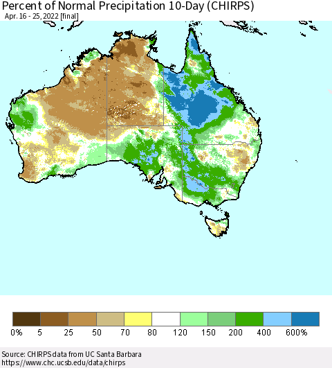 Australia Percent of Normal Precipitation 10-Day (CHIRPS) Thematic Map For 4/16/2022 - 4/25/2022