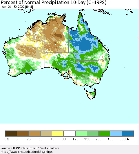 Australia Percent of Normal Precipitation 10-Day (CHIRPS) Thematic Map For 4/21/2022 - 4/30/2022