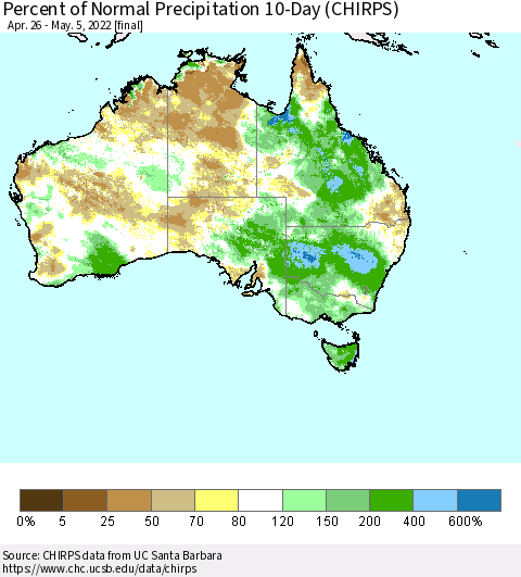 Australia Percent of Normal Precipitation 10-Day (CHIRPS) Thematic Map For 4/26/2022 - 5/5/2022