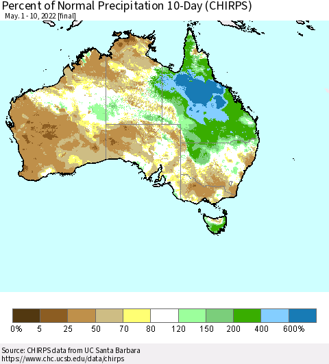 Australia Percent of Normal Precipitation 10-Day (CHIRPS) Thematic Map For 5/1/2022 - 5/10/2022