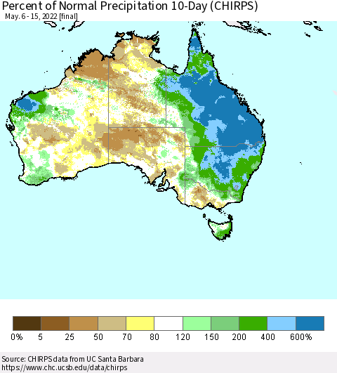 Australia Percent of Normal Precipitation 10-Day (CHIRPS) Thematic Map For 5/6/2022 - 5/15/2022