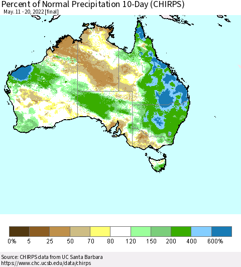 Australia Percent of Normal Precipitation 10-Day (CHIRPS) Thematic Map For 5/11/2022 - 5/20/2022