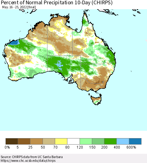 Australia Percent of Normal Precipitation 10-Day (CHIRPS) Thematic Map For 5/16/2022 - 5/25/2022