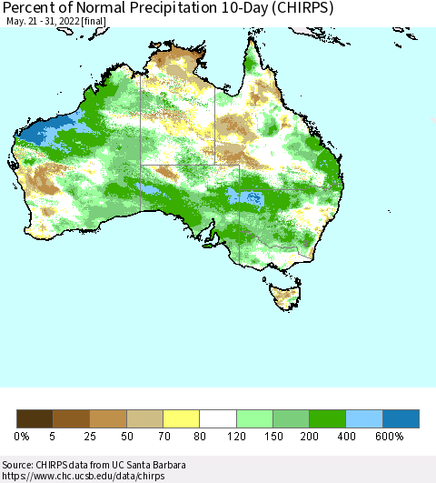 Australia Percent of Normal Precipitation 10-Day (CHIRPS) Thematic Map For 5/21/2022 - 5/31/2022