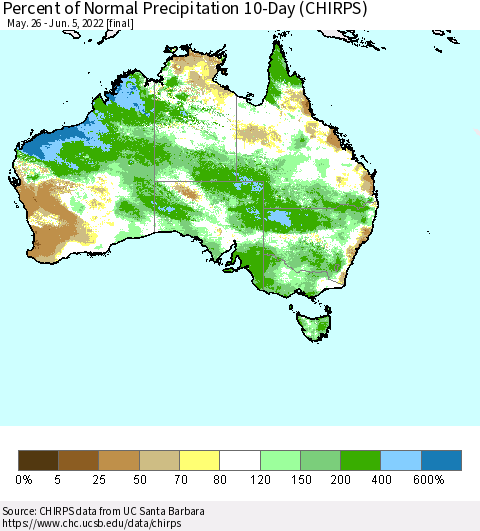 Australia Percent of Normal Precipitation 10-Day (CHIRPS) Thematic Map For 5/26/2022 - 6/5/2022