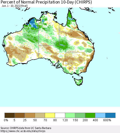 Australia Percent of Normal Precipitation 10-Day (CHIRPS) Thematic Map For 6/1/2022 - 6/10/2022